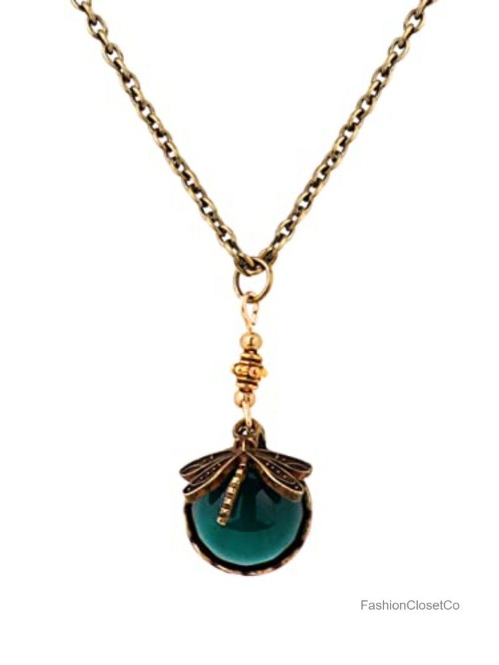 Vintage Dragonfly Pendant Necklace Zinc Alloy Created Emerald 17.7"